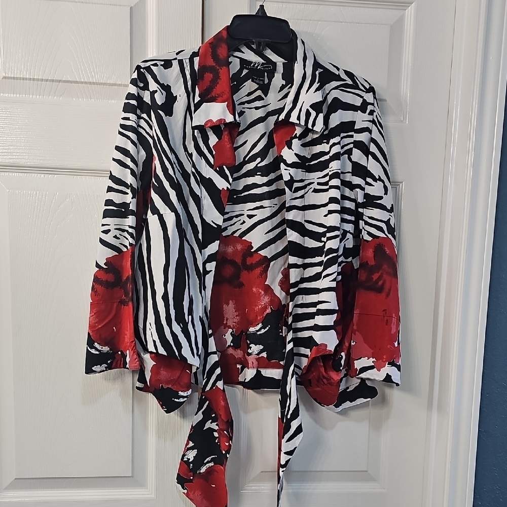 Midnight Velvet Zebra Print Red Rose Open Blouse Tie-Front  Large Colorful - Picture 6 of 10